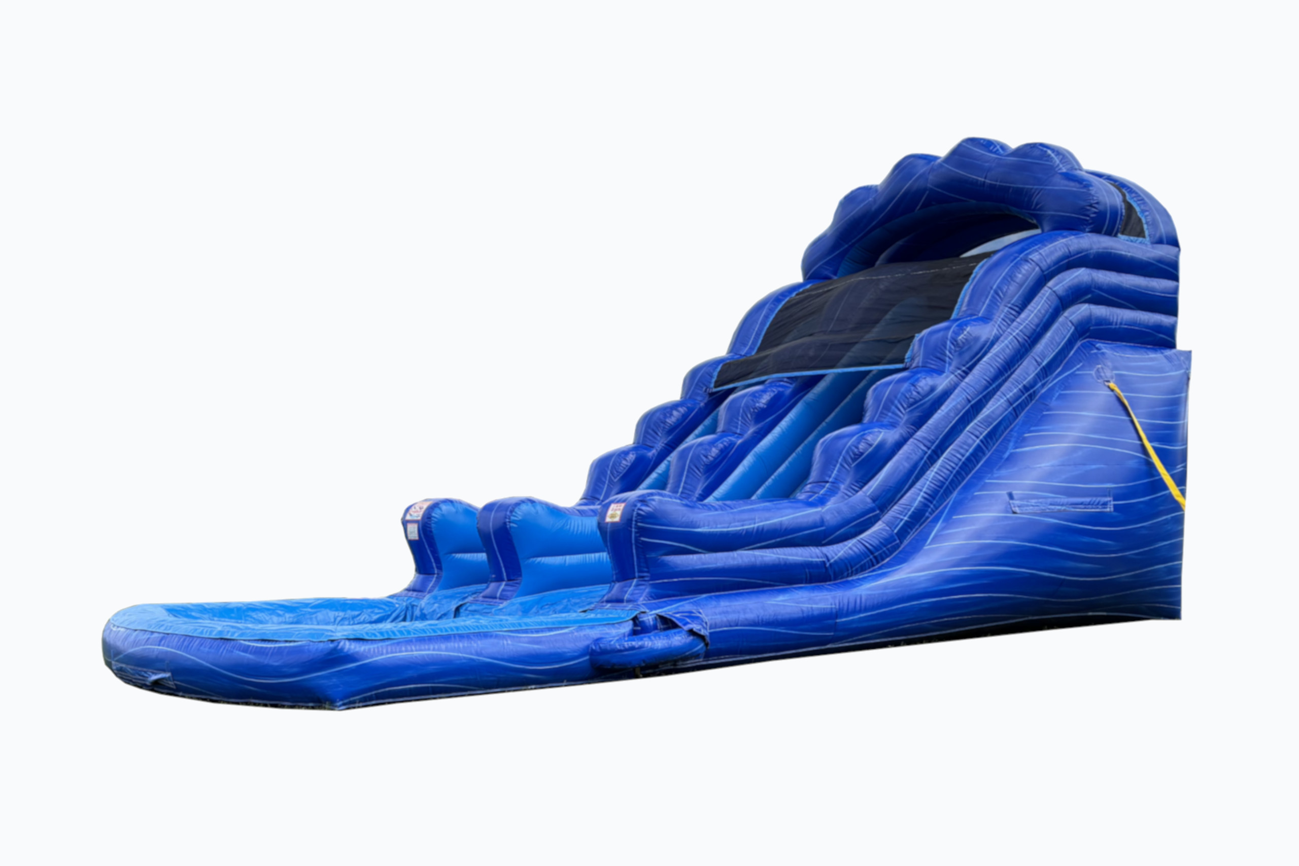 large blue water slide with landing pool